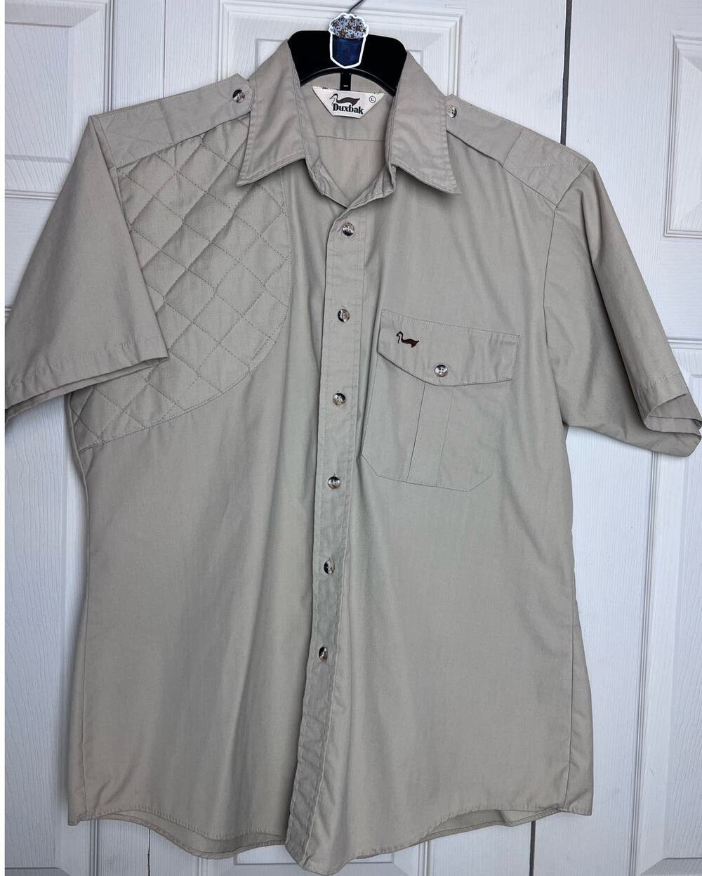 Duxbak Vintage Hunting Shirt Quilted Shoulders Khaki Short Sleeve Size Large